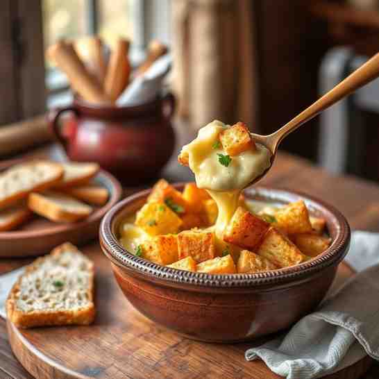 Kachkéis Fondue - Creamy Baked Cheese & Mustard Croutons